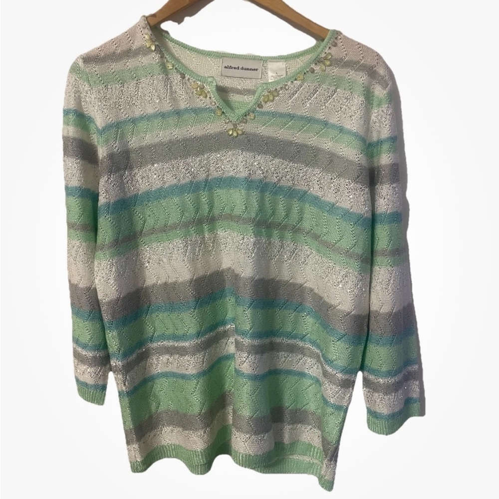 Alfred Dunner Women’s Striped Green and Gray Sweater large 3/4” sleeve